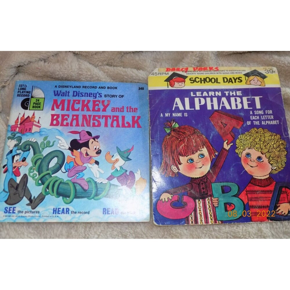 Vintage Disney Mickey Mouse & The Beanstock and Alphabet records with books
